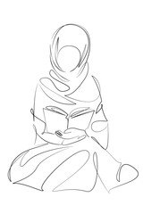 One continuous single drawing line art flat doodle woman, muslim, koran, arabic, religion, islamic, ramadan. Isolated image hand draw contour on a white background, hand drawn, not AI