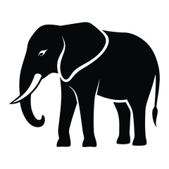 Obraz premium Silhouette elephant, black and white illustration, minimalist design, side profile, curved tusk, large ear, strong contour, graphic art style, clean lines, simple shape, iconic animal symbol,