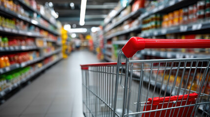 Close up of empty shopping cart with red handle in supermarket aisle filled with various products on shelves, creating vibrant and busy shopping atmosphere