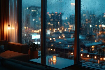 Cozy Urban Living Room with Rainy City View at Nighttime