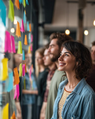 Group of people brainstorming ideas with sticky notes in office  