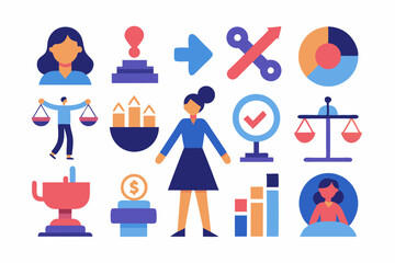 Business and Finance Icons Set with People, Charts, and Scales Depicting Success