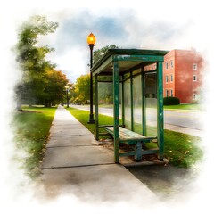 A Rustic Bus Stop on a Tree Lined Street in Autumn. A painted illustration of a quaint scene.