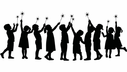 Fototapeta premium Children celebrating with sparklers in silhouette, joy and togetherness
