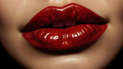 Obraz premium Close up of luxurious red lips glossy with lipstick showing off perfect makeup and beautiful skin texture.