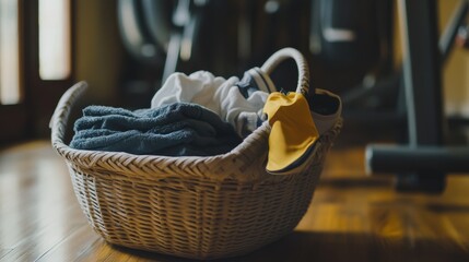 Clean laundry basket with fresh gym towels and folded activewear
