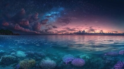 Naklejka premium A serene ocean scene at twilight with vibrant corals and a starry sky.