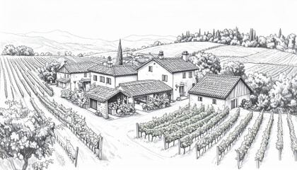 Fototapeta premium Aerial view pencil sketch of vineyard estate with rustic buildings, showcasing old world charm