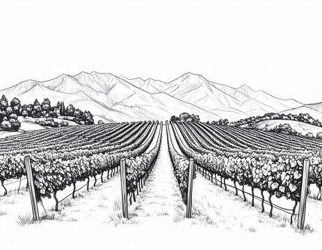 Wide pencil sketch of vineyard with mountain backdrop, showcasing calm and open rural panorama