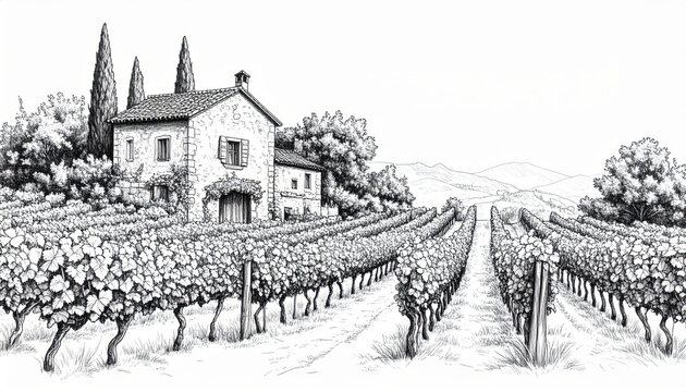 Timeless vineyard scene with stone house, distant trees, and lush grapevines