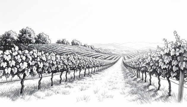 Vineyard landscape pencil sketch with dramatic shadows and expressive linework under soft light