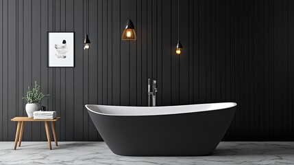 Modern black bathroom with freestanding tub