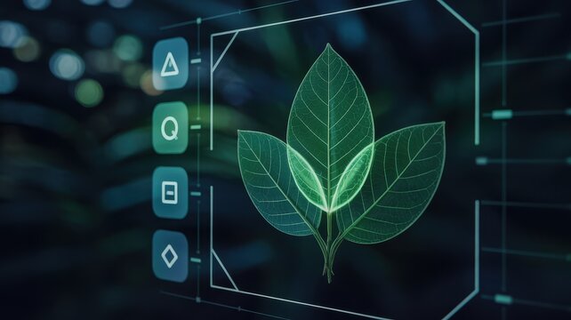 Digital illustration of leaves overlaid on a technological interface.
