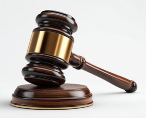 Obraz premium Polished wooden gavel with golden band resting on matching wooden sound block, symbolizing justice and legal authority in clean white background setting