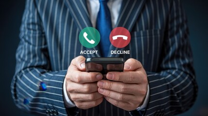 Businessperson holding a smartphone with call options.