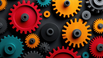 Colorful mechanical gears in red, orange, blue, and black are arranged on dark background, symbolizing teamwork and industrial design with vibrant and dynamic feel