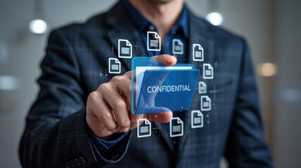 Businessperson presenting a digital confidential document.
