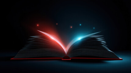 Open book with glowing red and blue light effects on dark background, creating magical and futuristic atmosphere with floating light orbs