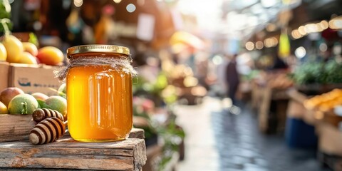 a glass jar of honey on a wooden table with fresh fruits and vegetables 