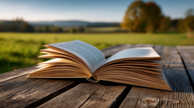 Open book with pages turning in wind rests on wooden table outdoors with blurred natural landscape in background, evoking calm and peaceful reading moments