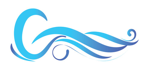 This image features flowing, stylized blue waves against a white background.	