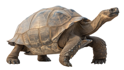 A majestic Galapagos tortoise, a symbol of ancient resilience and enduring strength, powerfully strides forward against a clean white background.