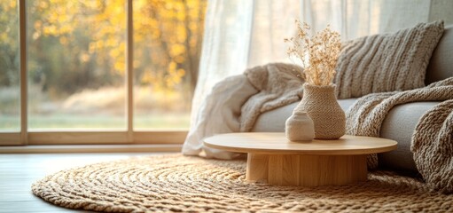 Fototapeta premium Cozy Autumn Interior: Warm Hues and Natural Textures in a Relaxing Living Room