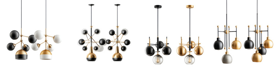 Assortment of modern chandelier lighting fixtures with various geometric designs