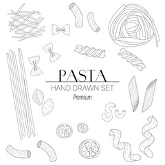 Hand-drawn vector set of Italian pasta types including spaghetti, penne, fusilli, farfalle, ravioli, and macaroni. Ideal for Italian cuisine themes, restaurant menus, and food packaging.

