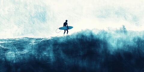 Naklejka premium a silhouette of a man holding a surfboard walking into a blue ocean with crashing waves 