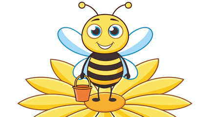 Cartoon Bee Waving with Honey Bucket on Yellow Flower