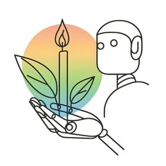 Robot holding a candle and plant symbolizing sustainability  