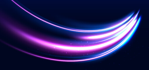 Blue and pink curved rays glowing on dark blue background with sparkle. Speed motion concept.