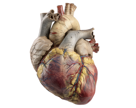Detailed anatomical model of human heart showcasing its intricate structure, including arteries and veins, against transparent background. This model highlights complexity and beauty of human