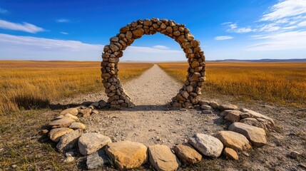 Fototapeta premium A mysterious stone archway in an empty field, opening into a bright blue sky