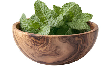 Mint leaves in a wooden bowl, isolated on a transparent background png