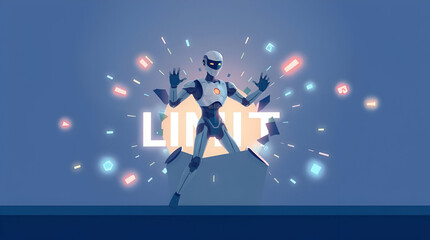 Naklejka premium An AI figure breaking through a digital wall labeled 