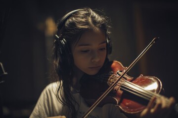 Fototapeta premium A young girl, engrossed in her violin playing, focused in a dimly lit studio, ready to create music.