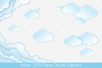Fototapeta premium Vector set of blue paper clouds and paper cloudscape isolated on transparent background, (EPS) Paper craft illustrations for holiday decorating, party invitations and cards