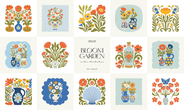 Fototapeta Floral abstract elements. Botanical composition. Modern trendy Matisse minimal style. Floral poster, invite. Vector arrangements for greeting card or invitation design