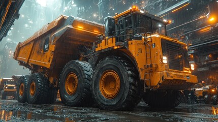 Fototapeta premium Majestic Mining Machine: A Giant Haul Truck Under the Gloom of an Industrial Night