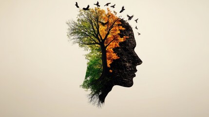 A tree replacing a human torso, with birds nesting in its branches