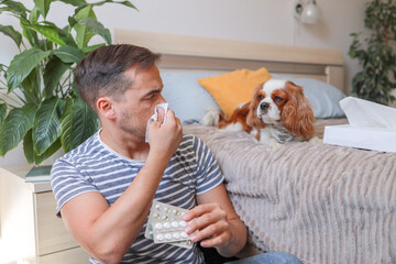 man with animal hair allergy uses tissues and looks upset near dog on bed. health concept