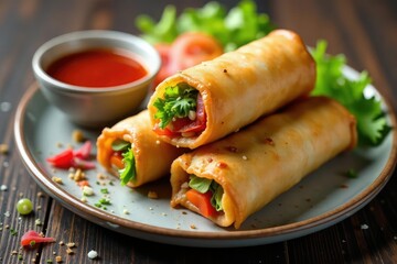 Crispy spring rolls, vibrant vegetables, dipping sauce, spring rolls, simple, photography