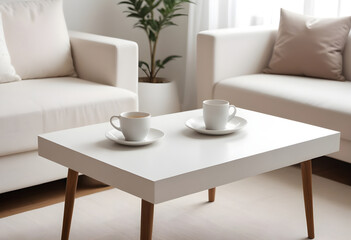 Wooden table, empty table, living room background. Minimalist style room. Modern home, Scandinavian, warm simple interior. Minimal room. sunlight, wooden floor,white wall, beige wall. good for key up.