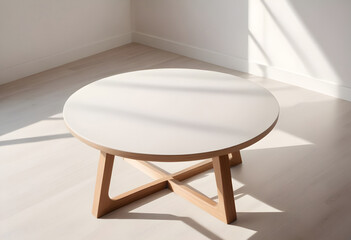 Wooden table, empty table, living room background. Minimalist style room. Modern home, Scandinavian, warm simple interior. Minimal room. sunlight, wooden floor,white wall, beige wall. good for key up.
