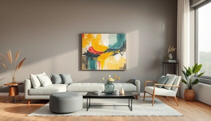 Modern living room with abstract art