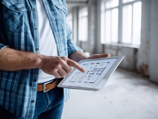 Builder holds tablet with apartment plan in empty room without renovation close-up