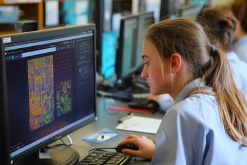 Focused student analyzing data on a computer in the classroom, a modern educational concept.