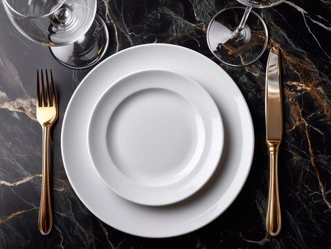 Empty plate on table with cutlery and empty wine glass